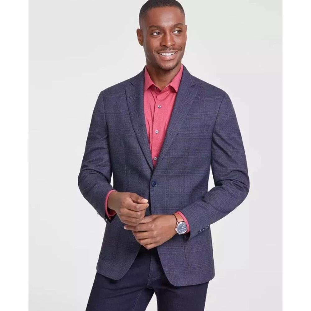 Bar III Men's Blue/Tan Plaid Slim Fit Wrinkle-Resistant Suit Sport Coat Size 38L